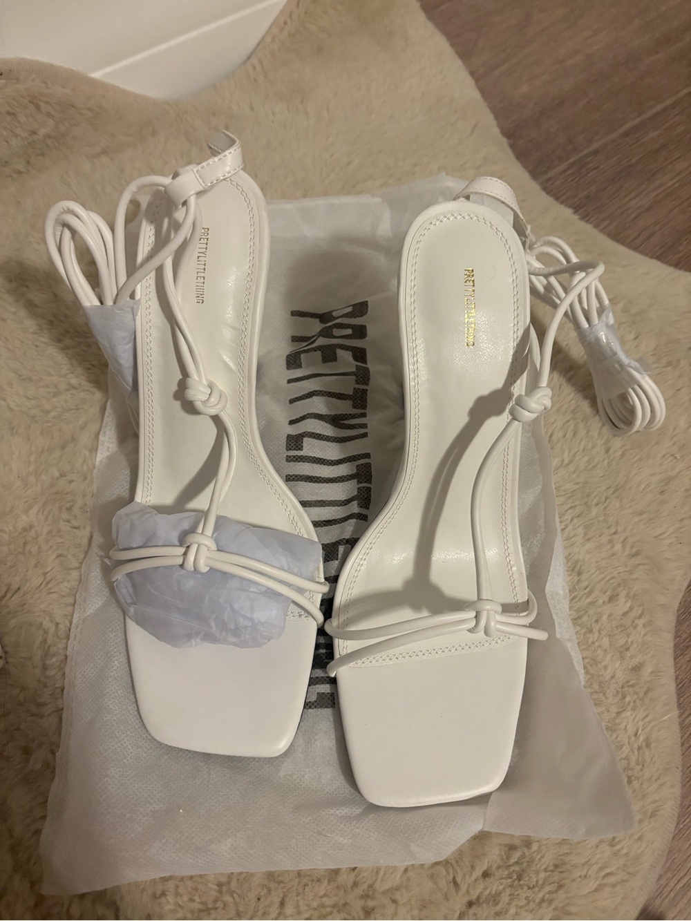 PrettyLittleThing White Knotted Strappy Square-Toe Heels with Ankle Wraps